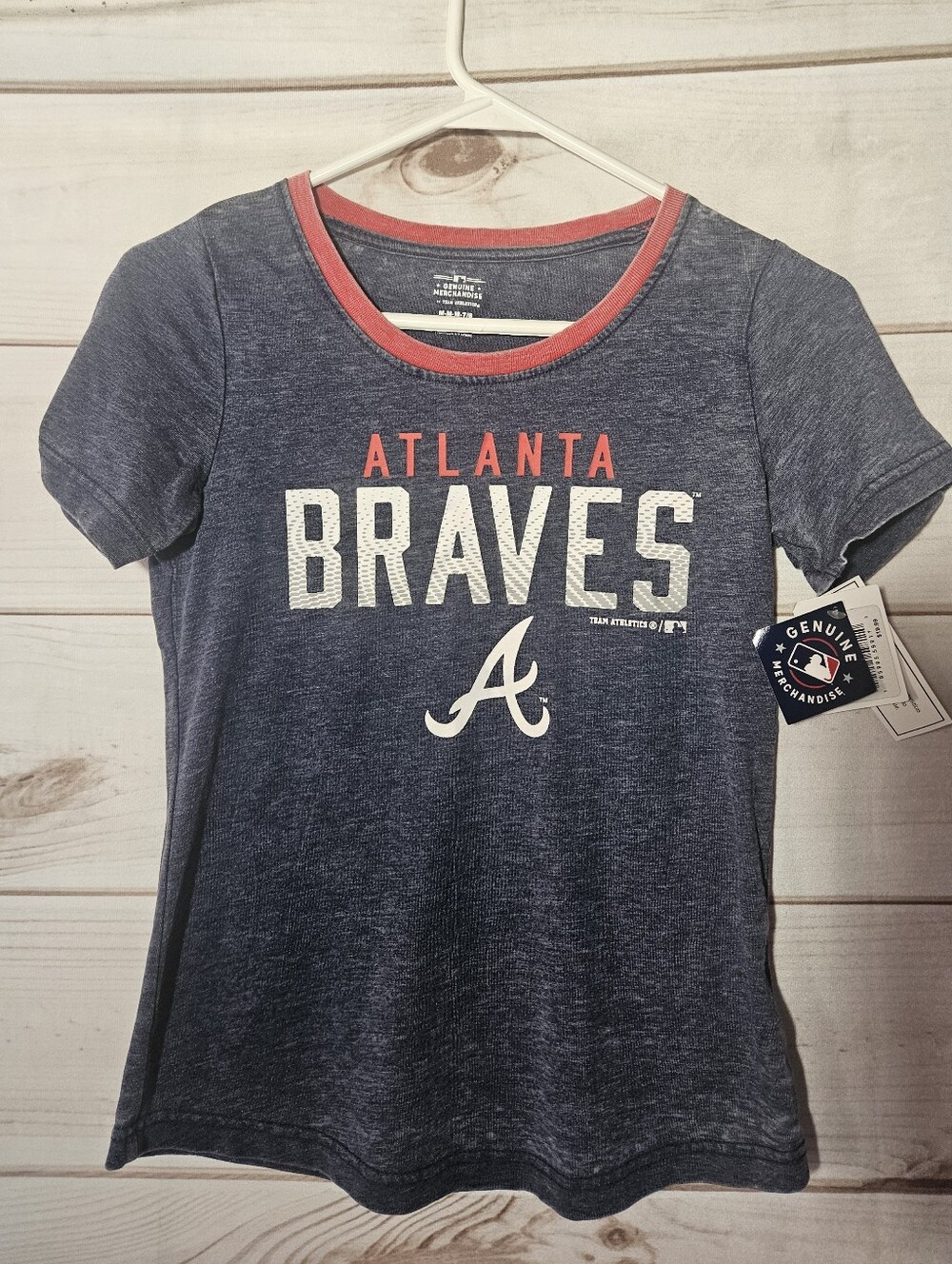 NWT  Atlanta Braves Girls Ringer T-Shirt Size M (7/8) Navy Blue
